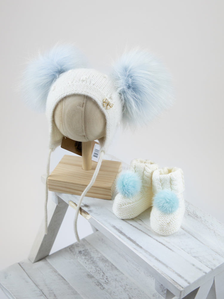 9 Fluffy White Cashmere Bonnet with Raccoon Fur PomPoms (Light Blue PomPoms)
