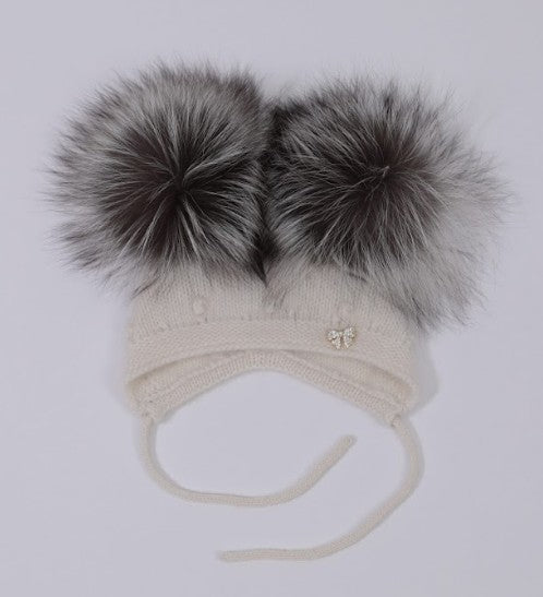 9.2 Fluffy White Cashmere Bonnet with Raccoon Fur PomPoms (Silver Fox PomPoms)
