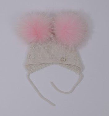 9.3 Fluffy White Cashmere Bonnet with Raccoon Fur PomPoms (Pink PomPoms)