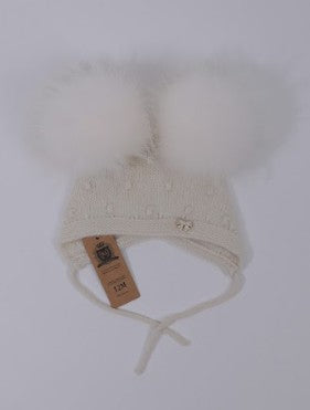 9.4 Fluffy White Cashmere Bonnet with Raccoon Fur PomPoms (WhitePomPoms)