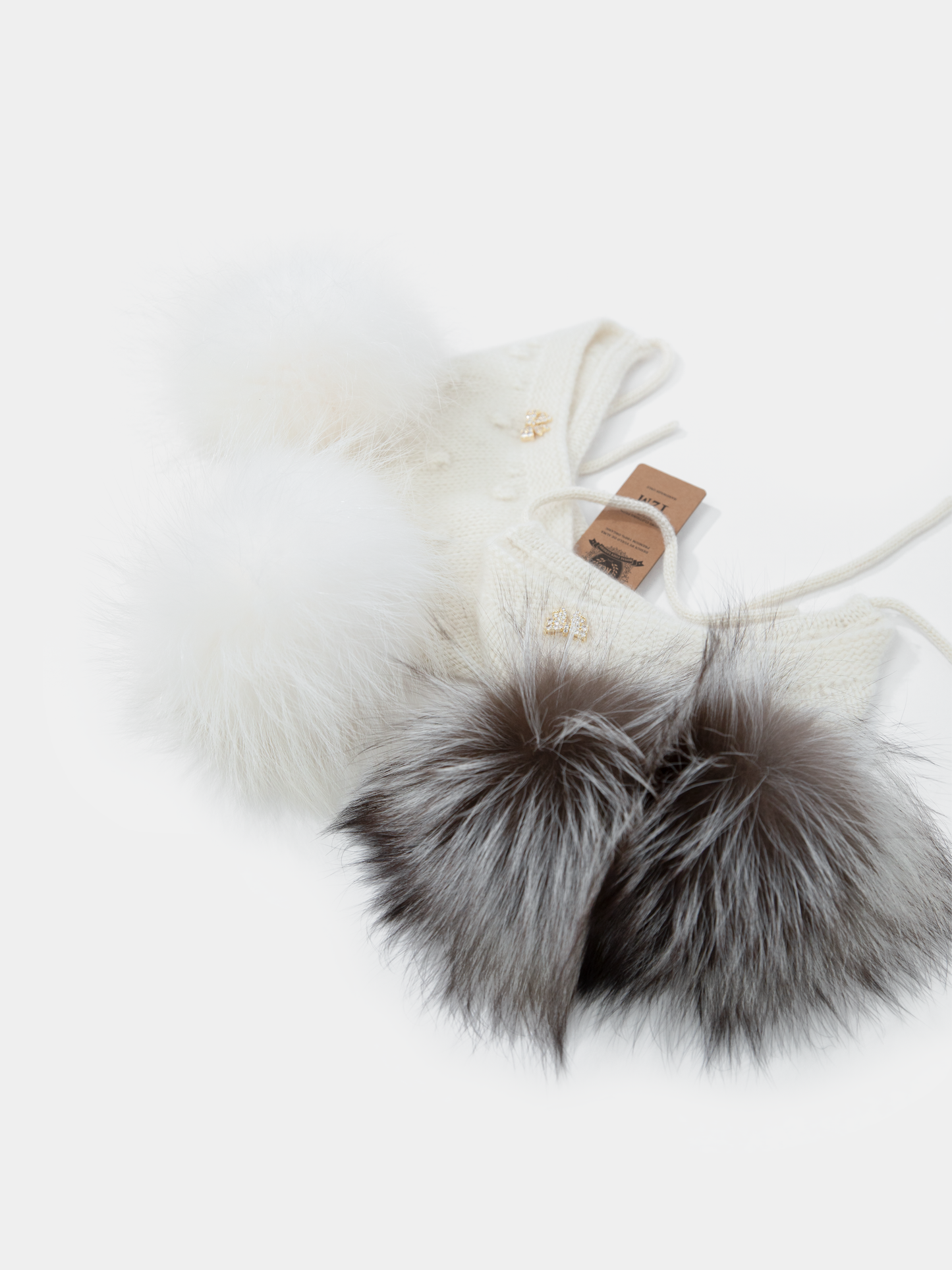 9.2 Fluffy White Cashmere Bonnet with Raccoon Fur PomPoms (Silver Fox PomPoms)