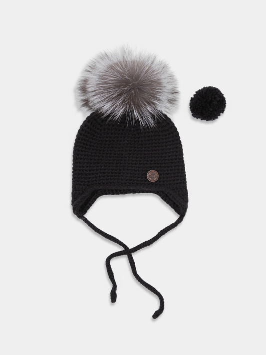 6.2 Chunky Knit Merino wool hat with silver fox fur or yarn PomPom (Black)