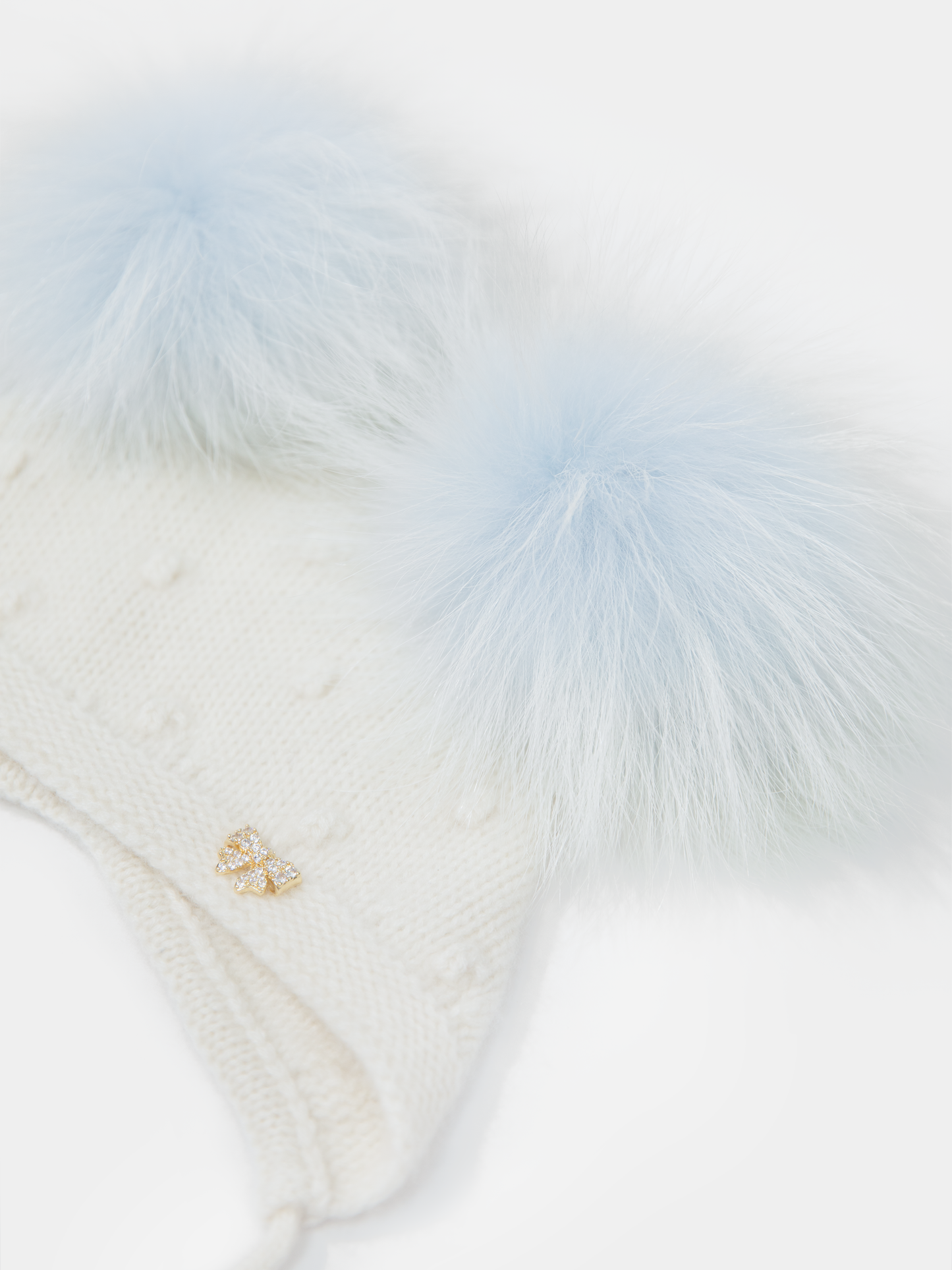 9 Fluffy White Cashmere Bonnet with Raccoon Fur PomPoms (Light Blue PomPoms)