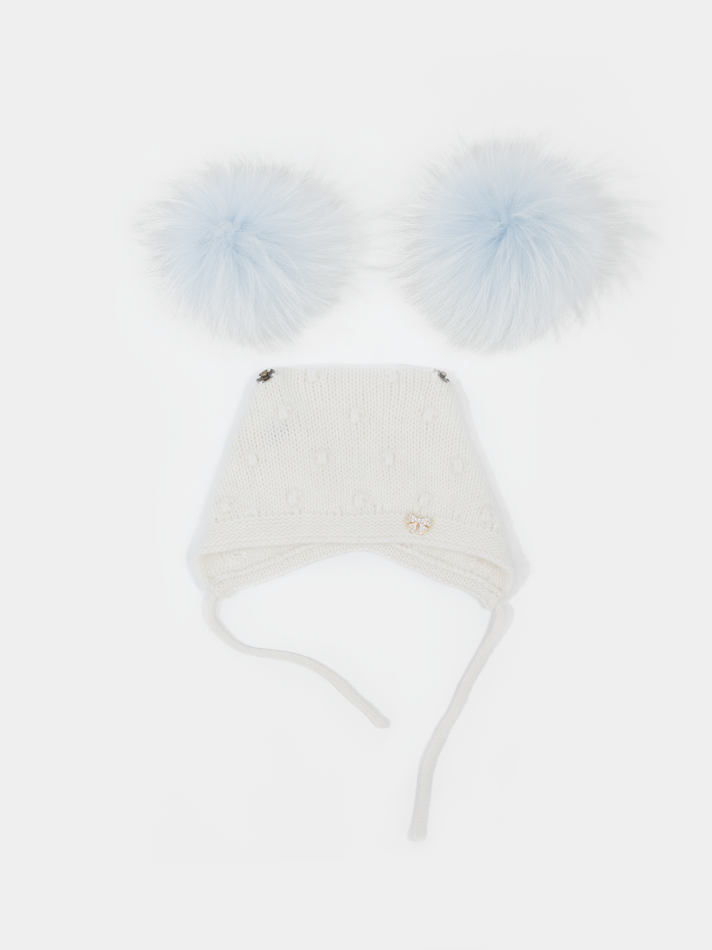 9 Fluffy White Cashmere Bonnet with Raccoon Fur PomPoms (Light Blue PomPoms)