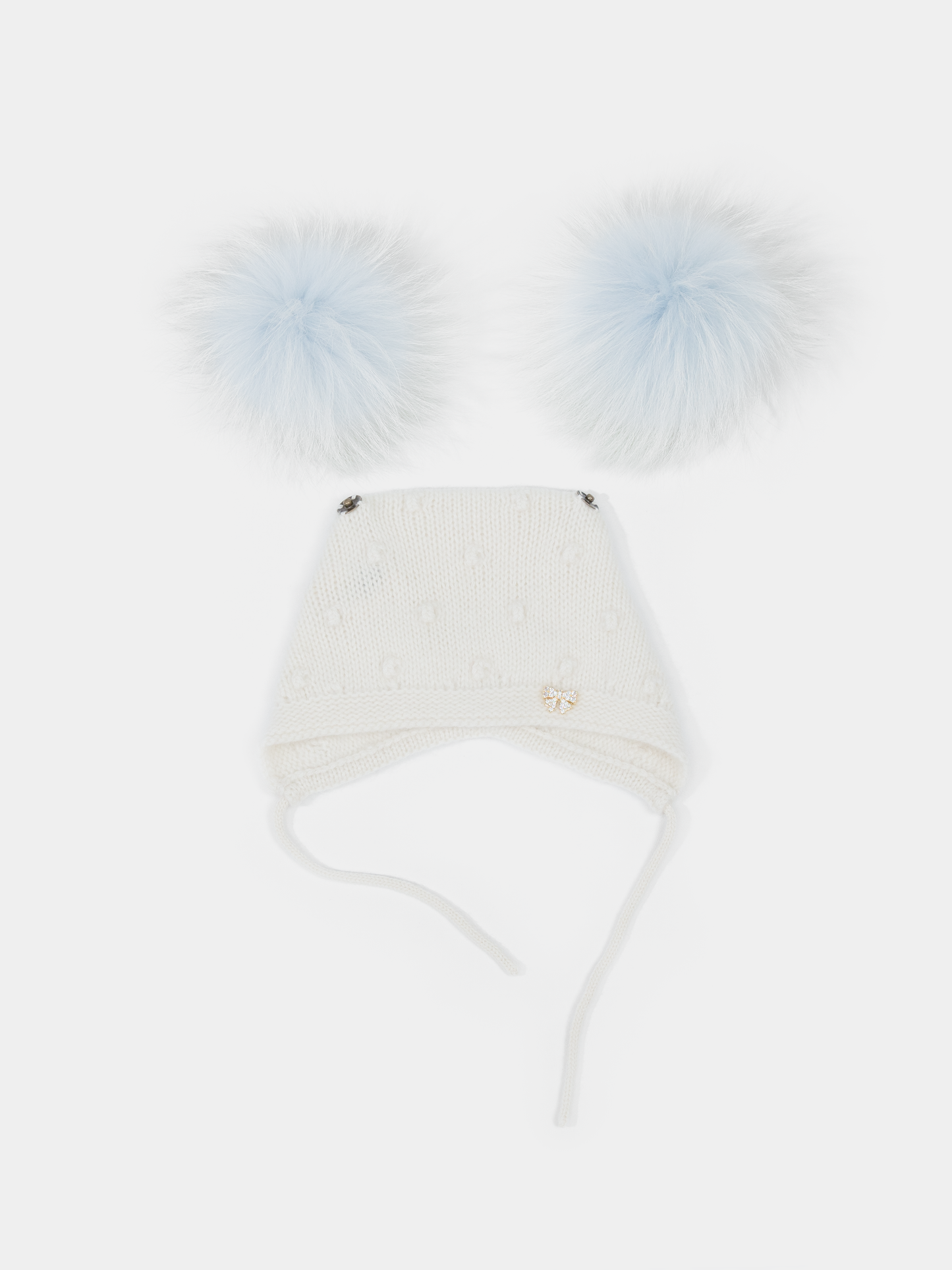 9 Fluffy White Cashmere Bonnet with Raccoon Fur PomPoms (Light Blue PomPoms)