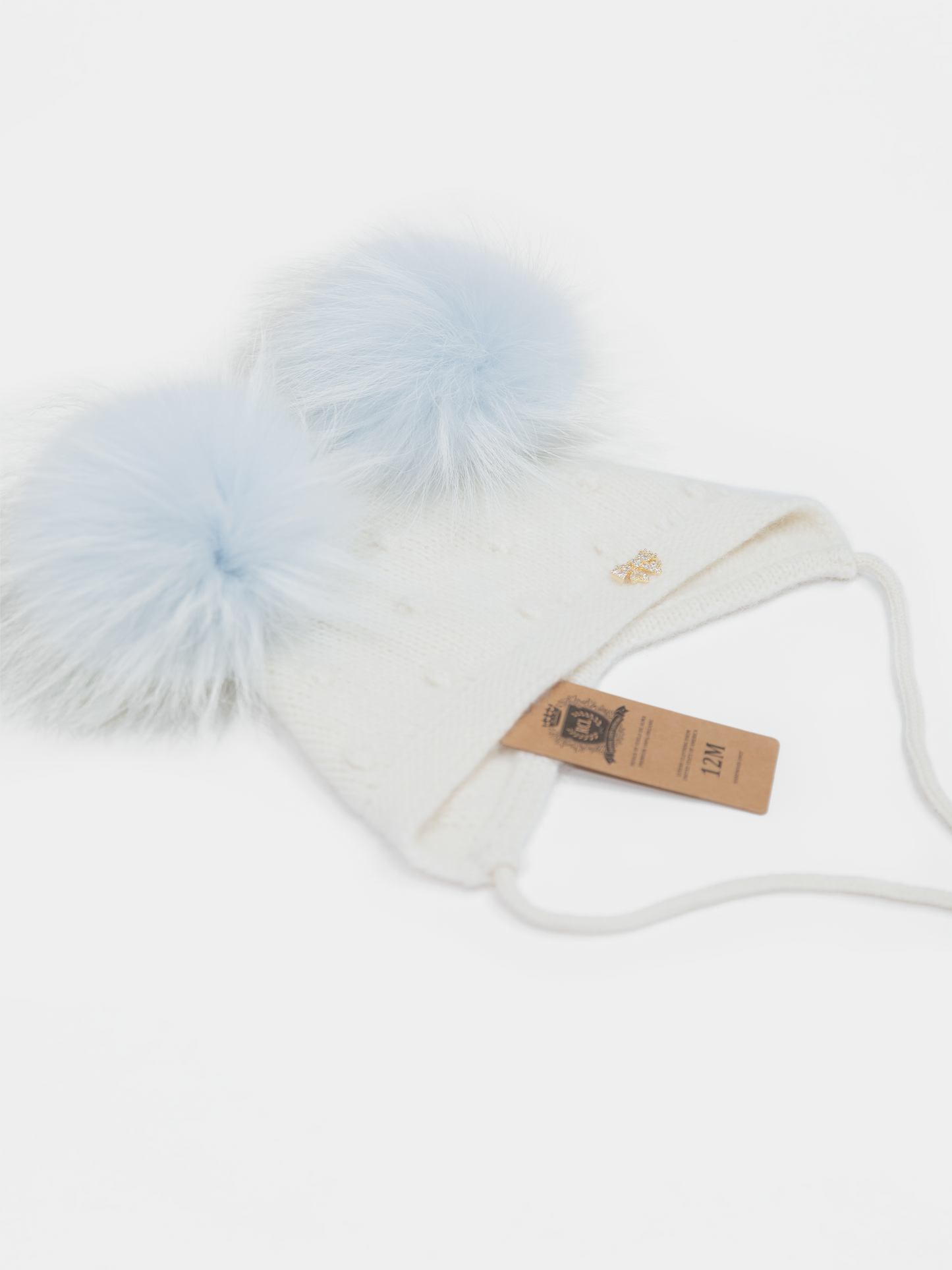 9 Fluffy White Cashmere Bonnet with Raccoon Fur PomPoms (Light Blue PomPoms)
