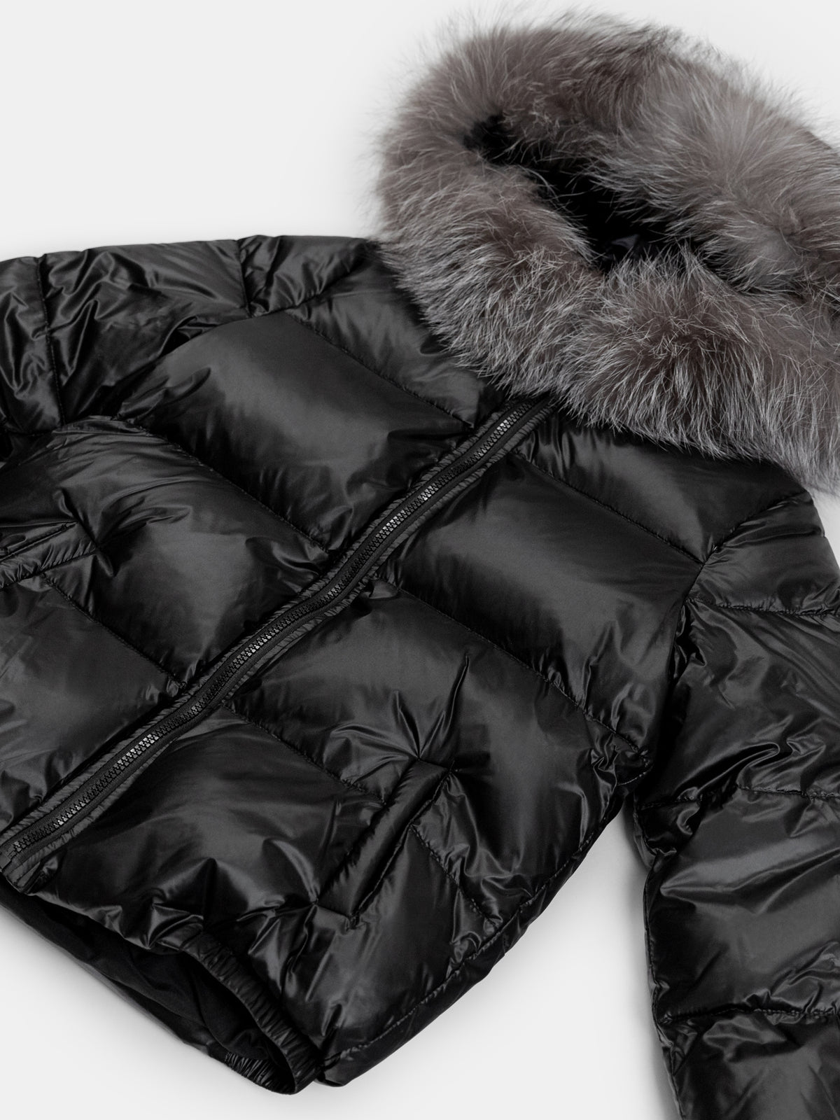 Children’s Goose Down Jacket with Silver Fox Fur Trim (Black)