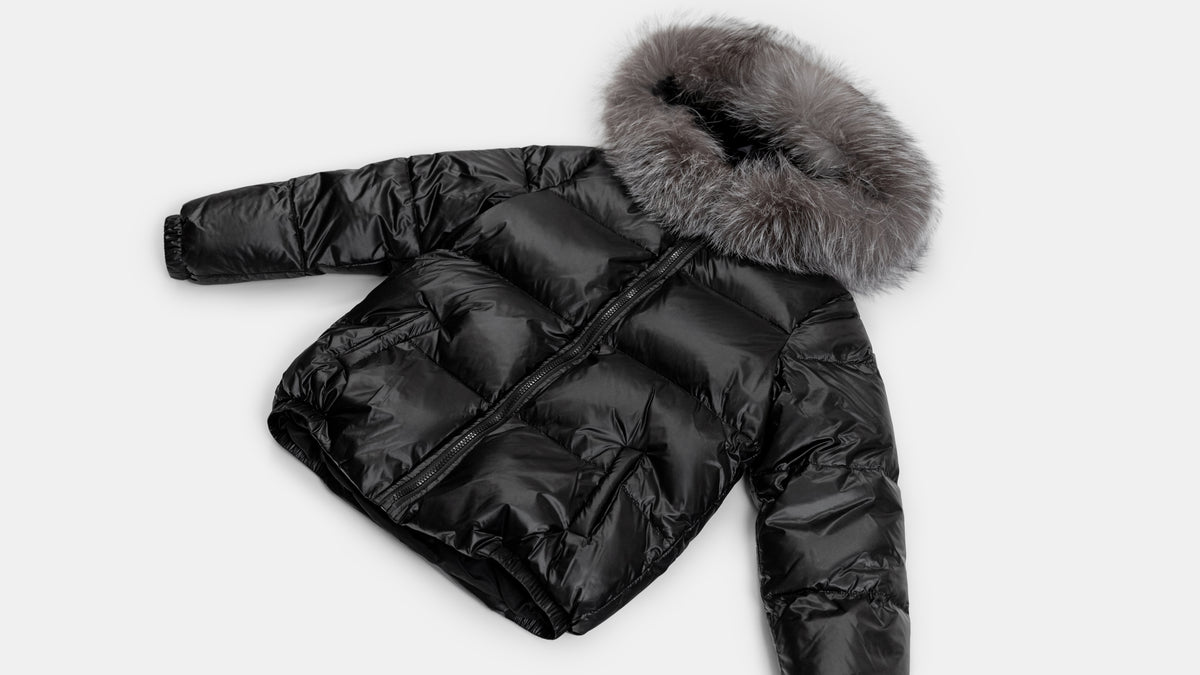 Children’s Goose Down Jacket with Silver Fox Fur Trim (Black)