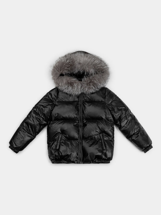 Children’s Goose Down Jacket with Silver Fox Fur Trim (Black)