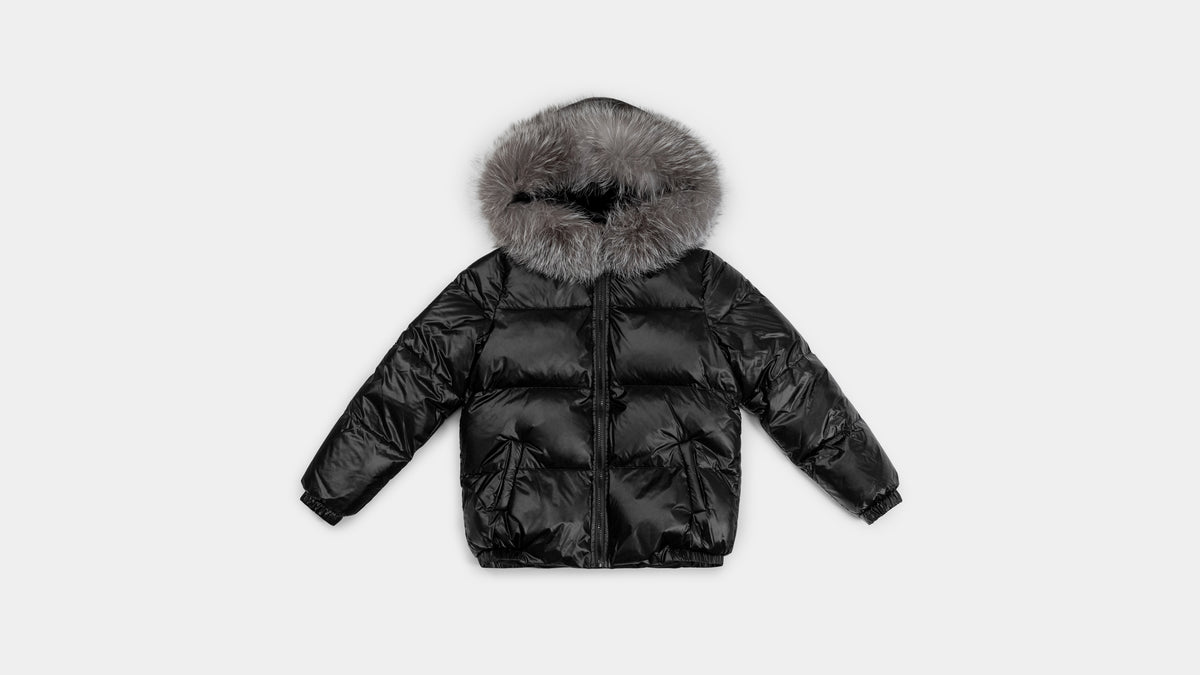 Children’s Goose Down Jacket with Silver Fox Fur Trim (Black)