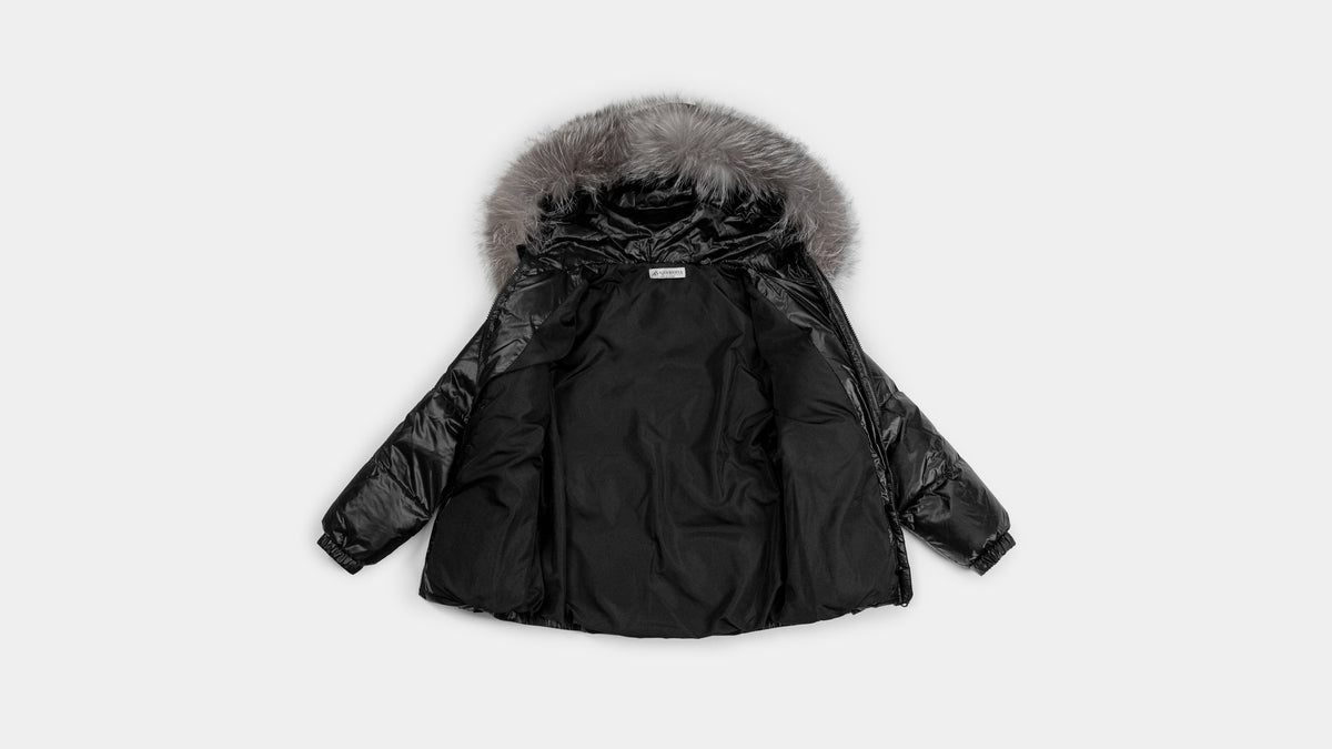 Children’s Goose Down Jacket with Silver Fox Fur Trim (Black)
