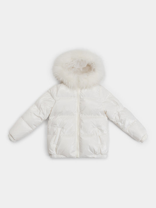 Children’s Goose Down Jacket with Died Raccoon Fur Trim (White)
