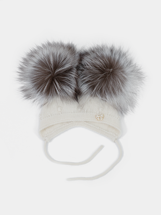 9.2 Fluffy White Cashmere Bonnet with Raccoon Fur PomPoms (Silver Fox PomPoms)
