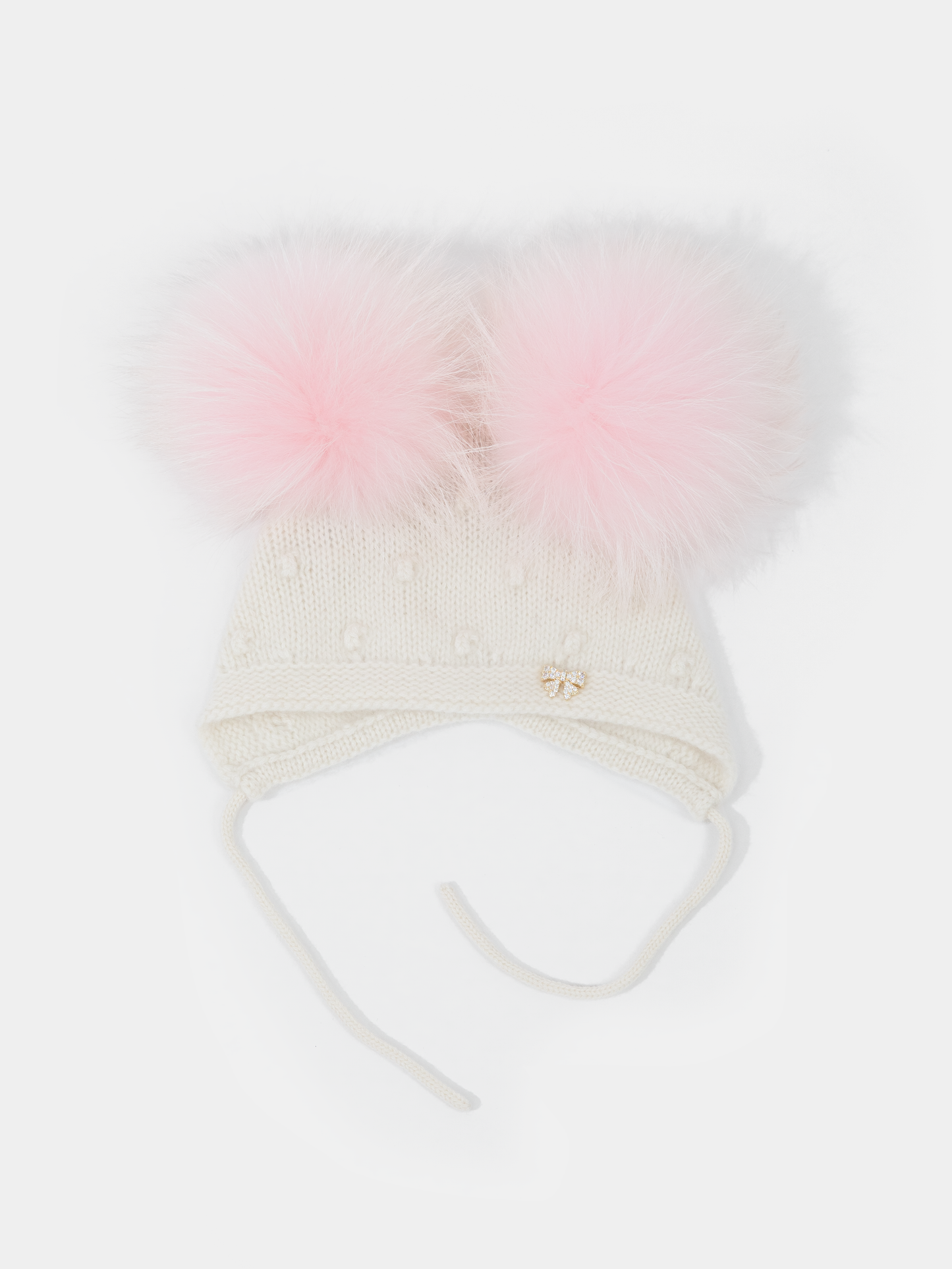 9.3 Fluffy White Cashmere Bonnet with Raccoon Fur PomPoms (Pink PomPoms)