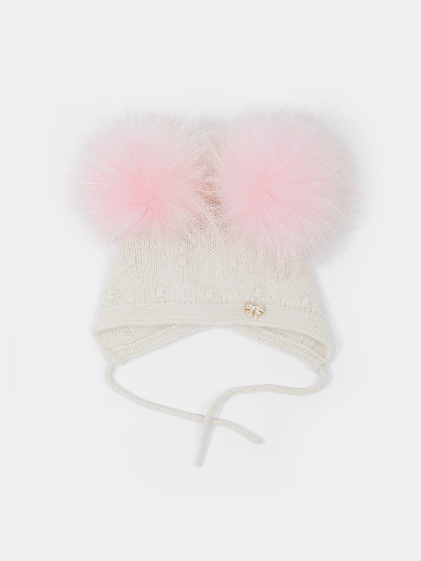 9.3 Fluffy White Cashmere Bonnet with Raccoon Fur PomPoms (Pink PomPoms)