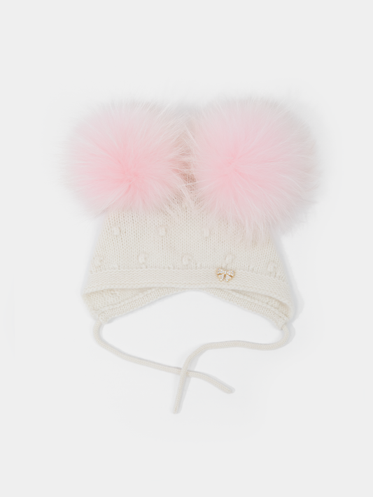 9.3 Fluffy White Cashmere Bonnet with Raccoon Fur PomPoms (Pink PomPoms)