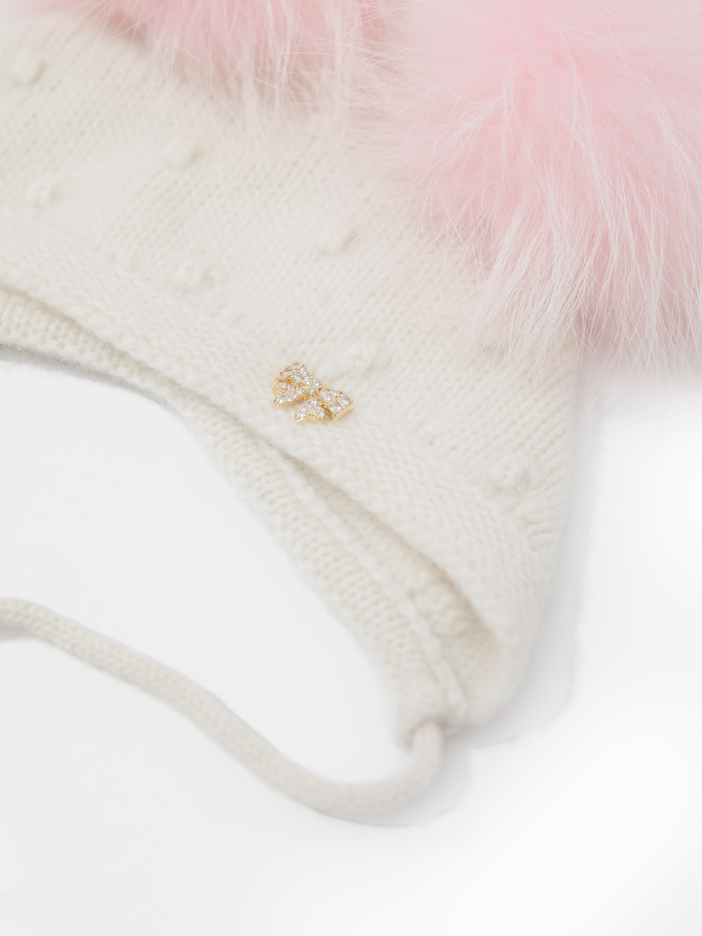 9.3 Fluffy White Cashmere Bonnet with Raccoon Fur PomPoms (Pink PomPoms)