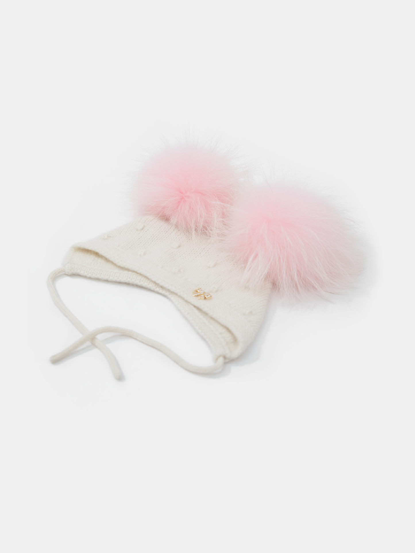9.3 Fluffy White Cashmere Bonnet with Raccoon Fur PomPoms (Pink PomPoms)