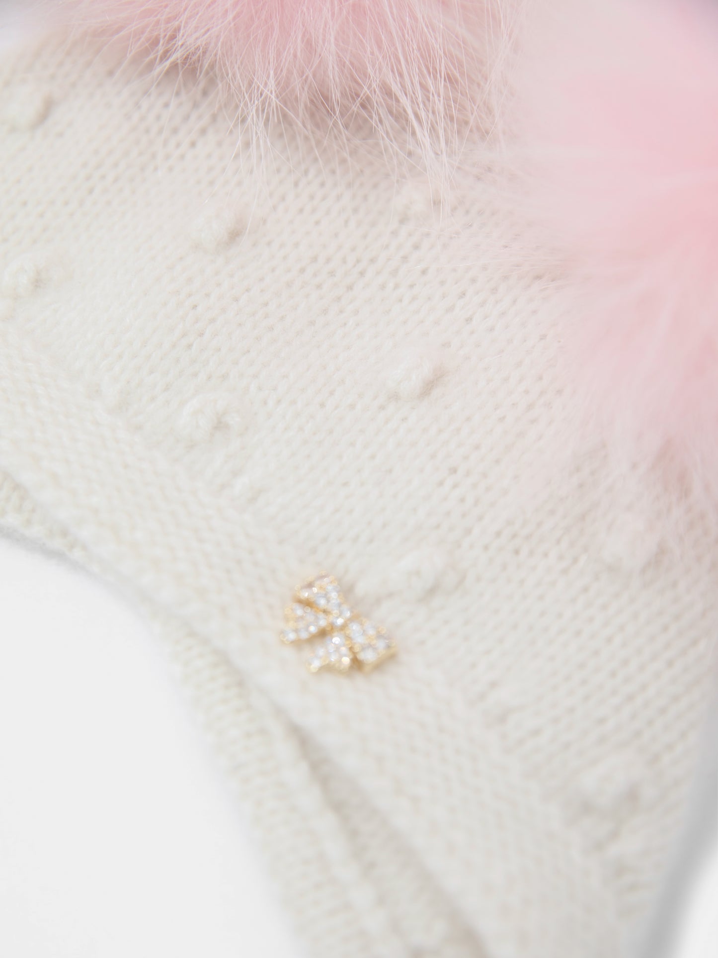 9.3 Fluffy White Cashmere Bonnet with Raccoon Fur PomPoms (Pink PomPoms)