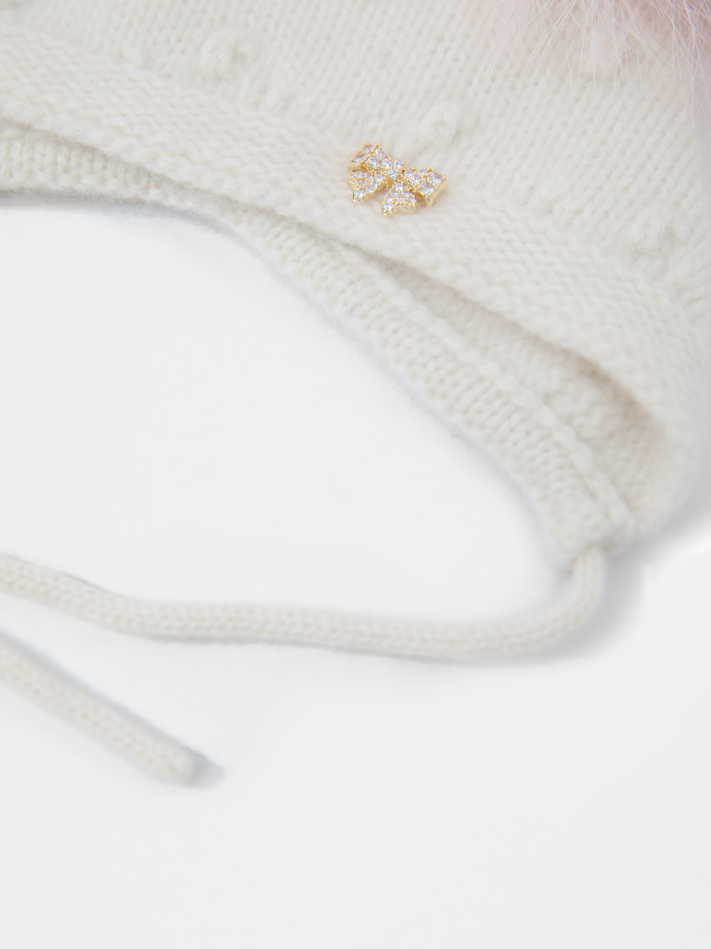 9.3 Fluffy White Cashmere Bonnet with Raccoon Fur PomPoms (Pink PomPoms)