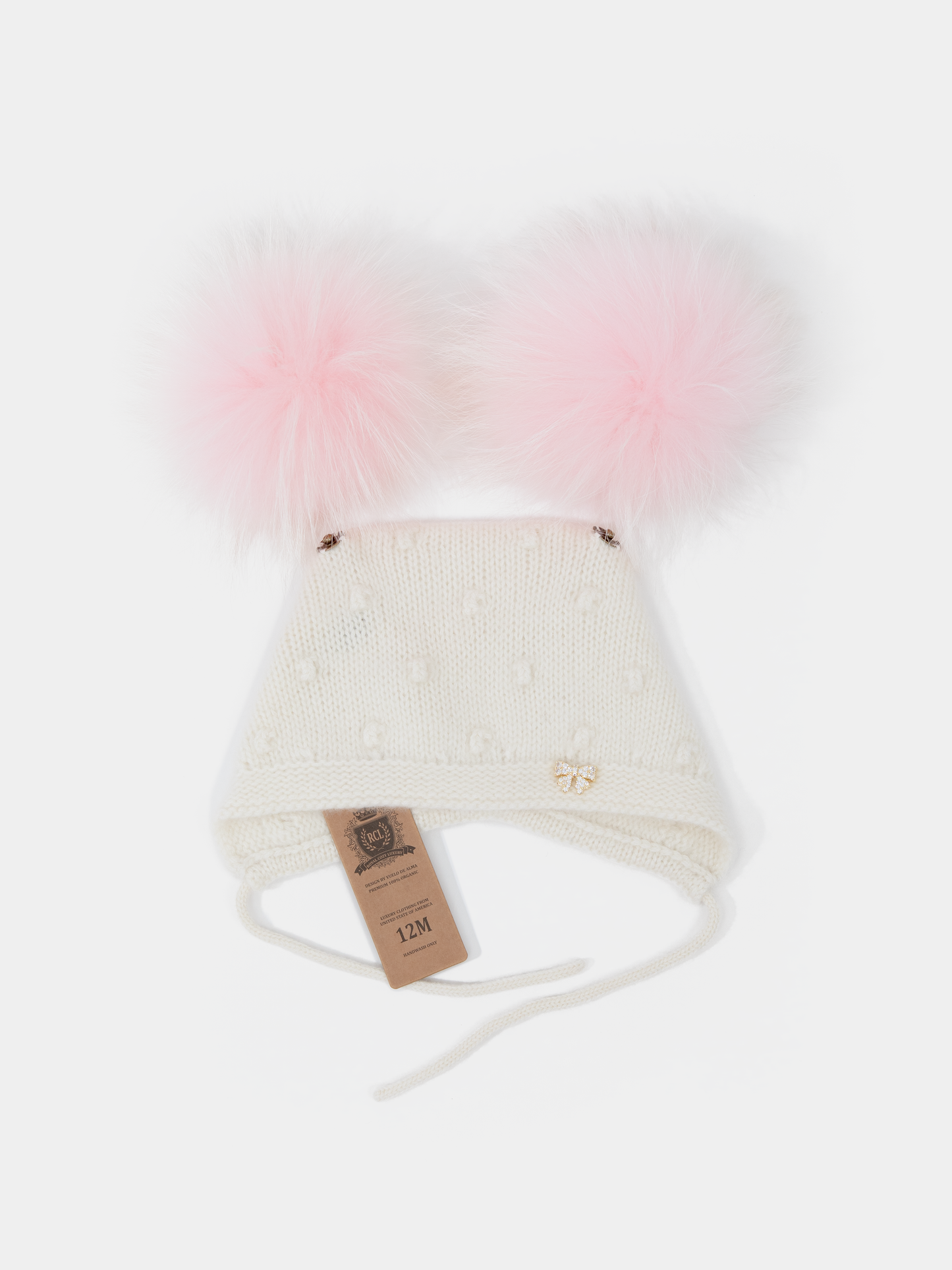 9.3 Fluffy White Cashmere Bonnet with Raccoon Fur PomPoms (Pink PomPoms)