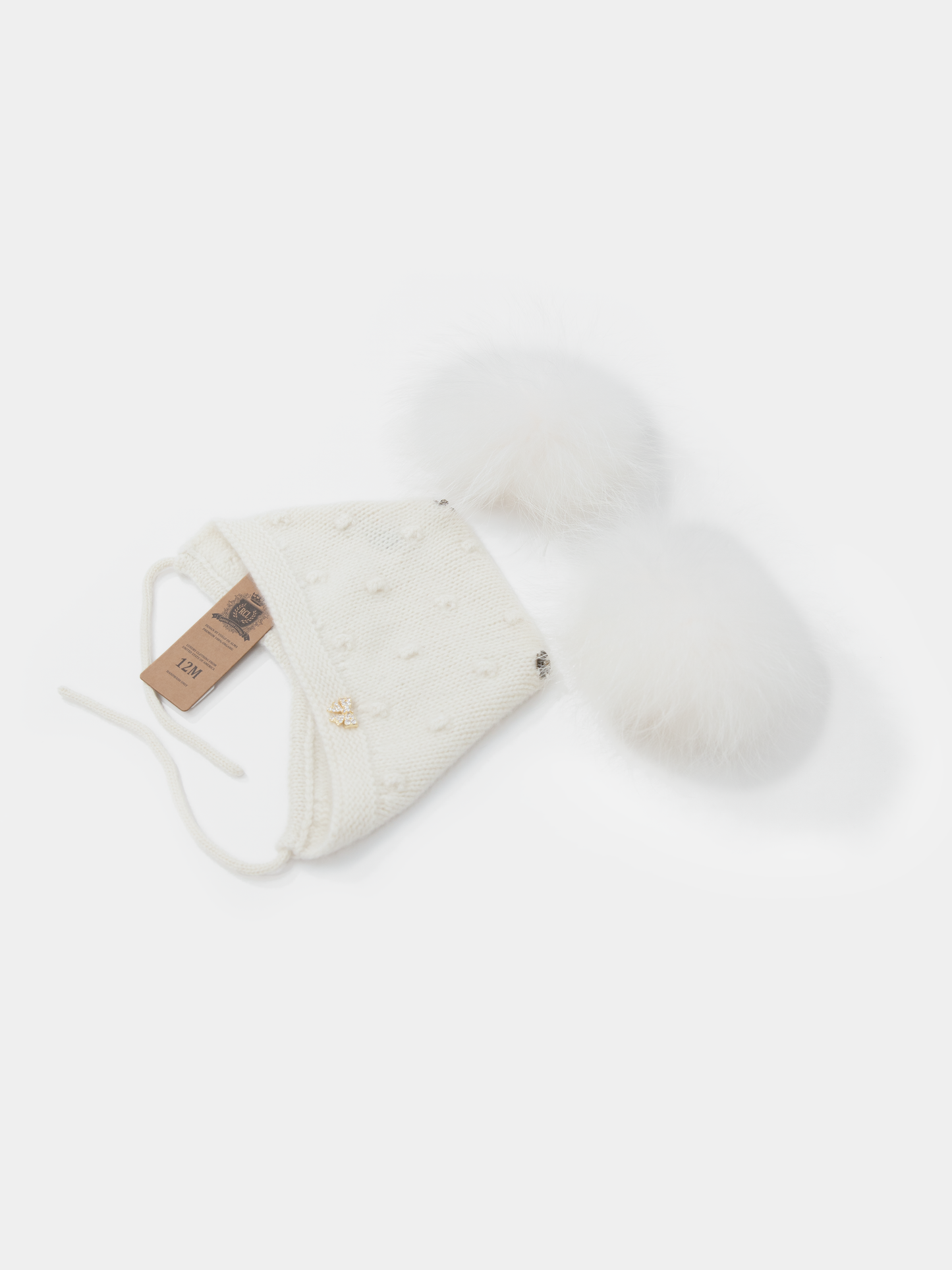 9.4 Fluffy White Cashmere Bonnet with Raccoon Fur PomPoms (WhitePomPoms)