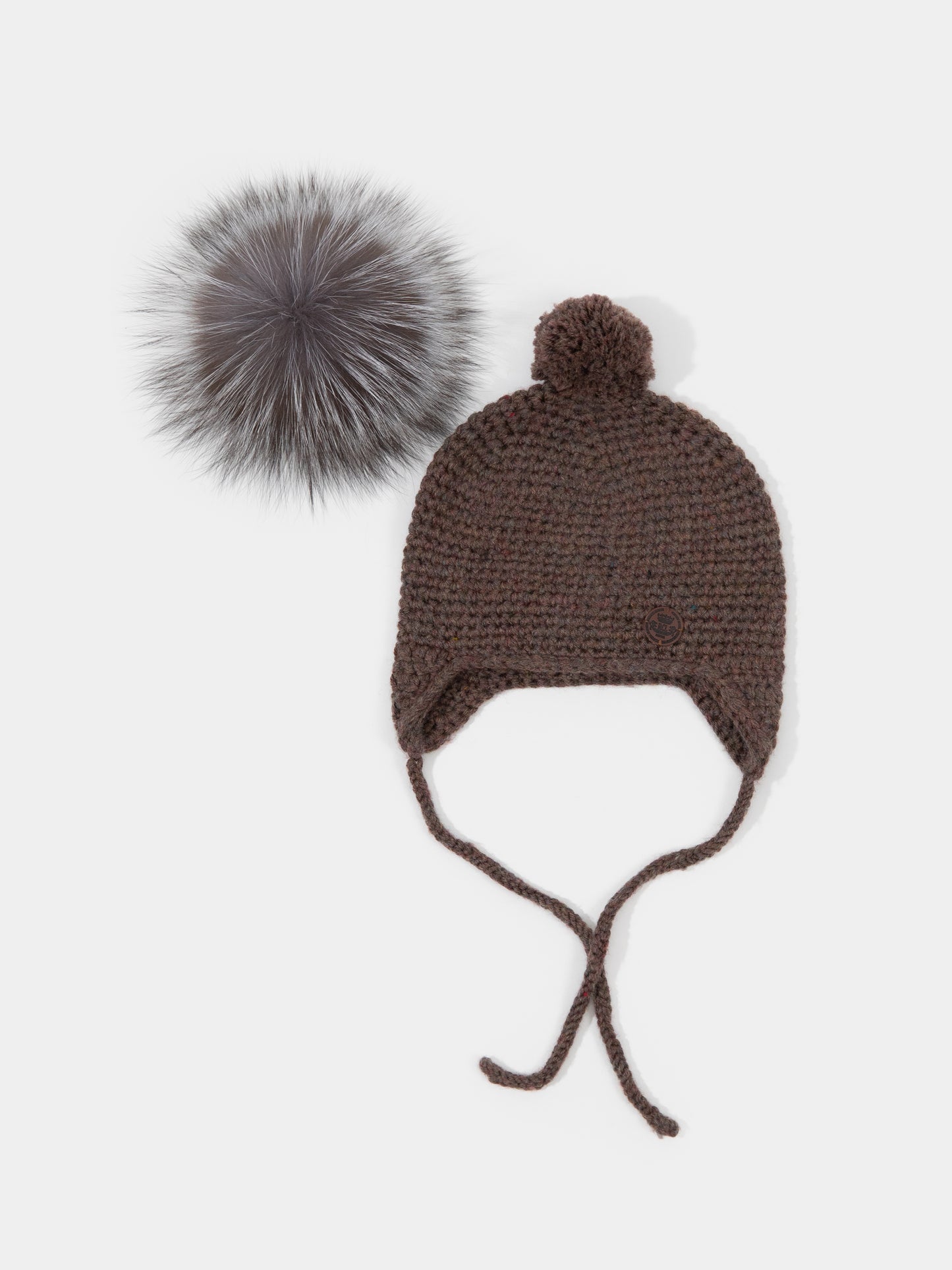 6 Chunky Knit Merino wool hat with silver fox fur or yarn PomPom (Brown)