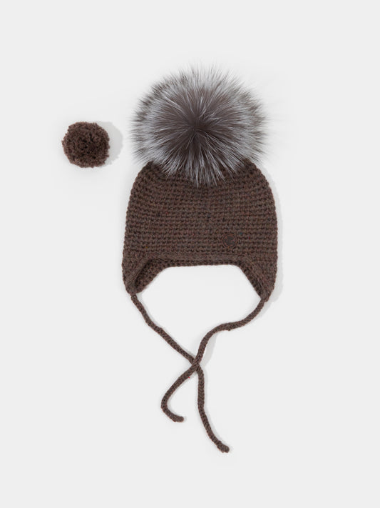 6 Chunky Knit Merino wool hat with silver fox fur or yarn PomPom (Brown)
