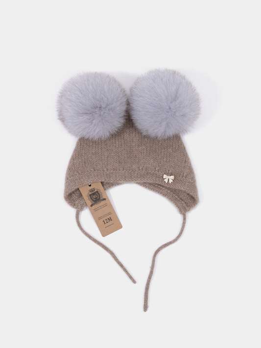 8 Fluffy Cashmere bonnet with Fox fur PomPoms