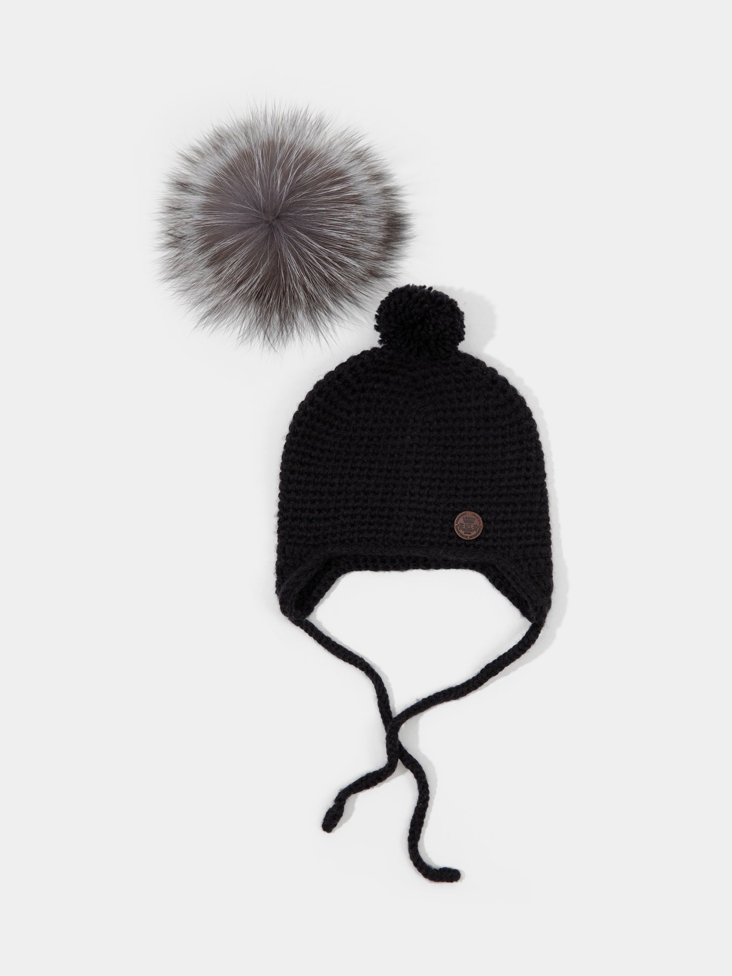 6.2 Chunky Knit Merino wool hat with silver fox fur or yarn PomPom (Black)