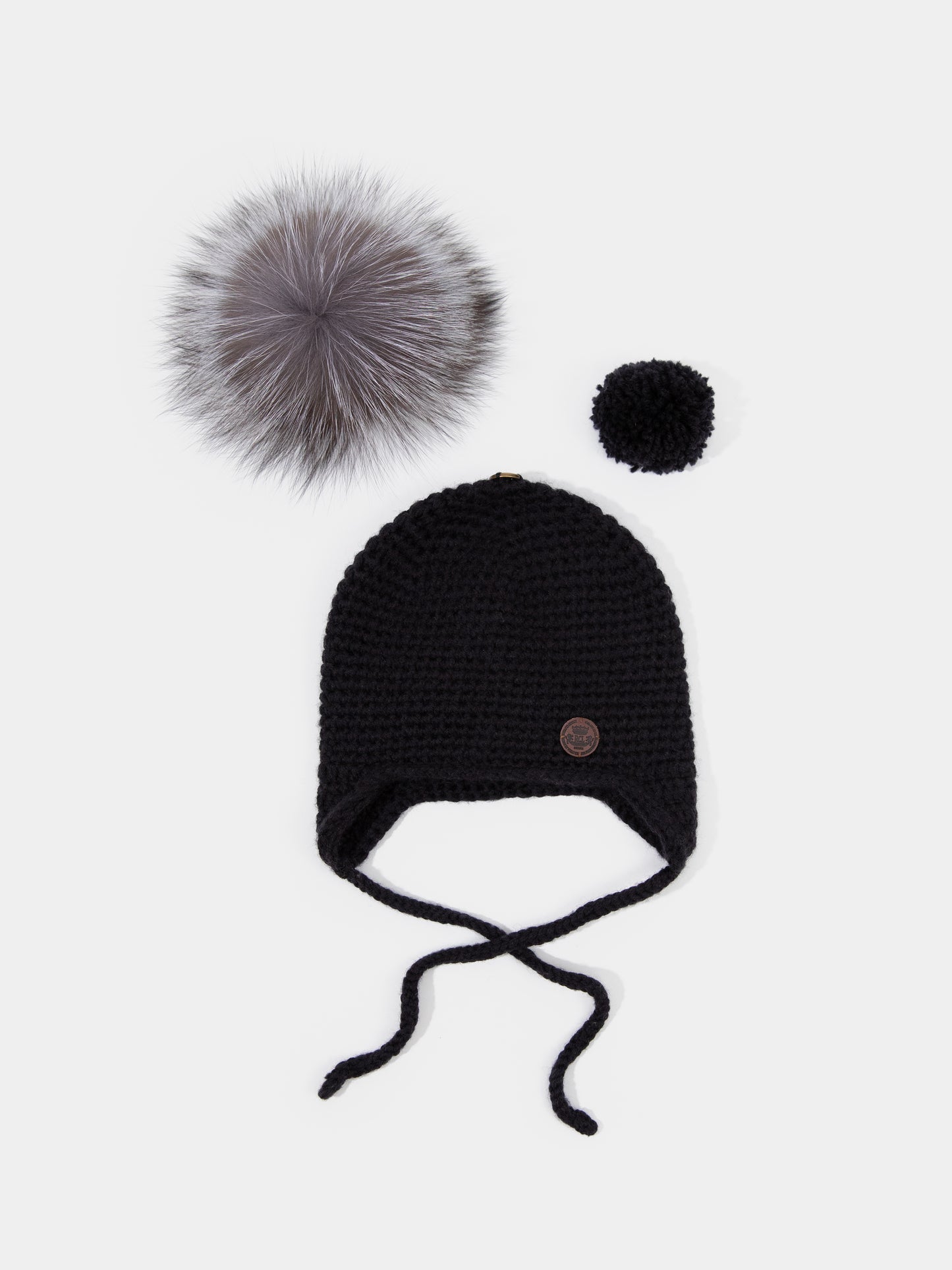 6.2 Chunky Knit Merino wool hat with silver fox fur or yarn PomPom (Black)