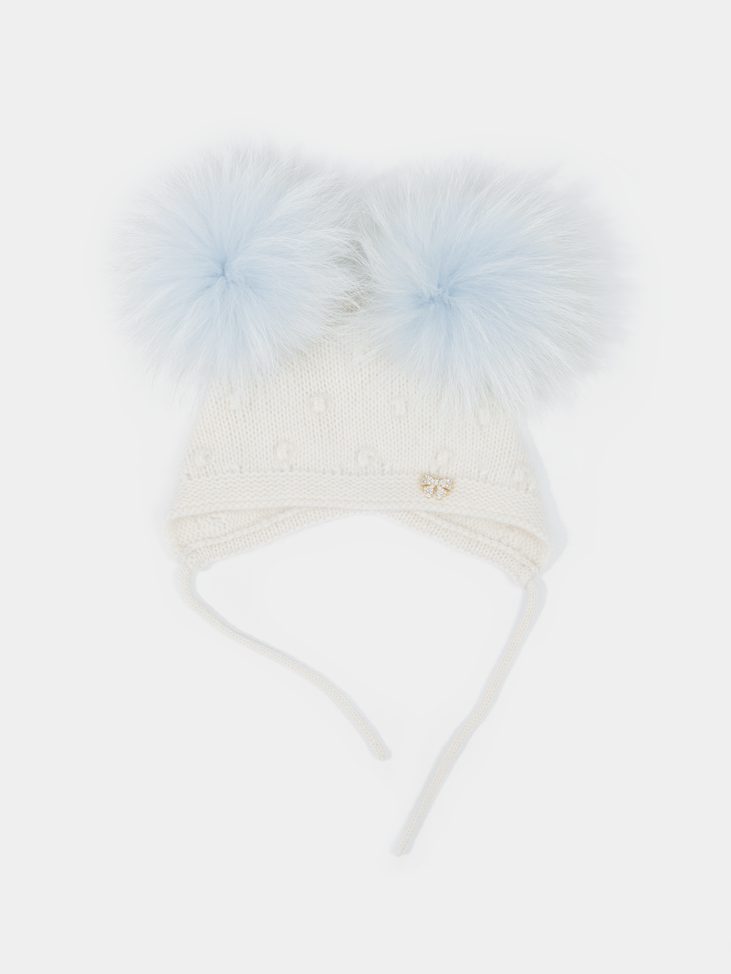 9 Fluffy White Cashmere Bonnet with Raccoon Fur PomPoms (Light Blue PomPoms)
