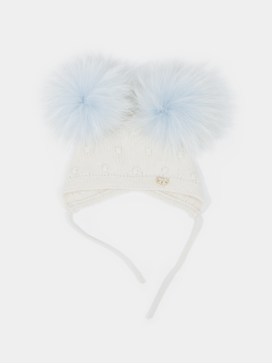 9 Fluffy White Cashmere Bonnet with Raccoon Fur PomPoms (Light Blue PomPoms)