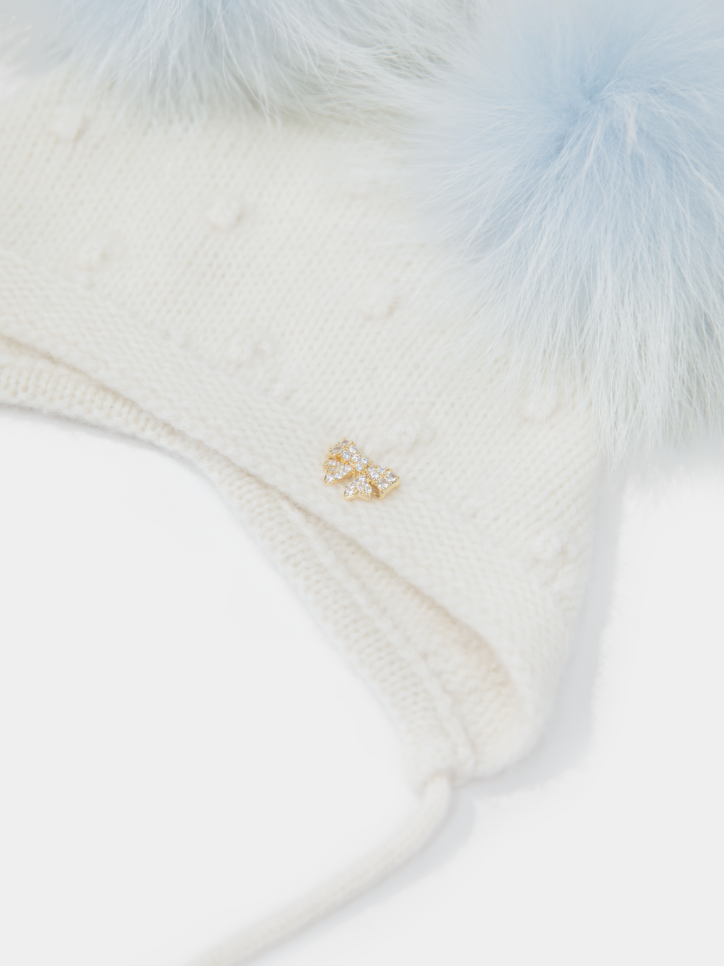 9 Fluffy White Cashmere Bonnet with Raccoon Fur PomPoms (Light Blue PomPoms)