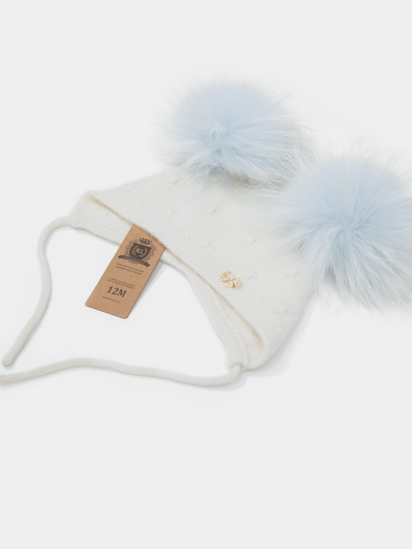 9 Fluffy White Cashmere Bonnet with Raccoon Fur PomPoms (Light Blue PomPoms)