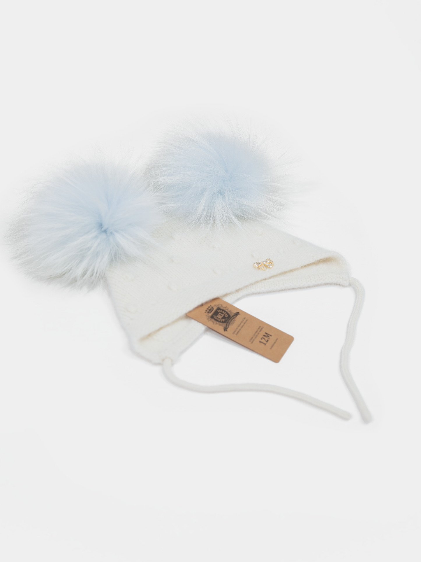 9 Fluffy White Cashmere Bonnet with Raccoon Fur PomPoms (Light Blue PomPoms)
