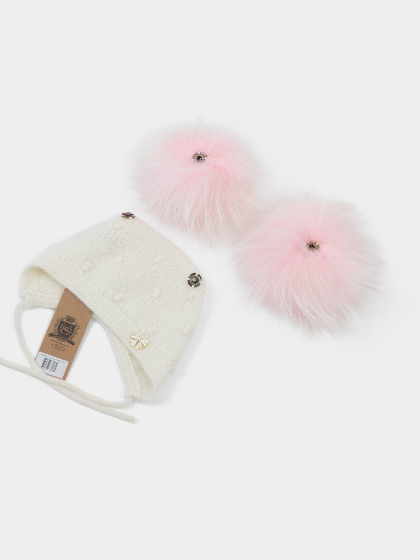 9.3 Fluffy White Cashmere Bonnet with Raccoon Fur PomPoms (Pink PomPoms)