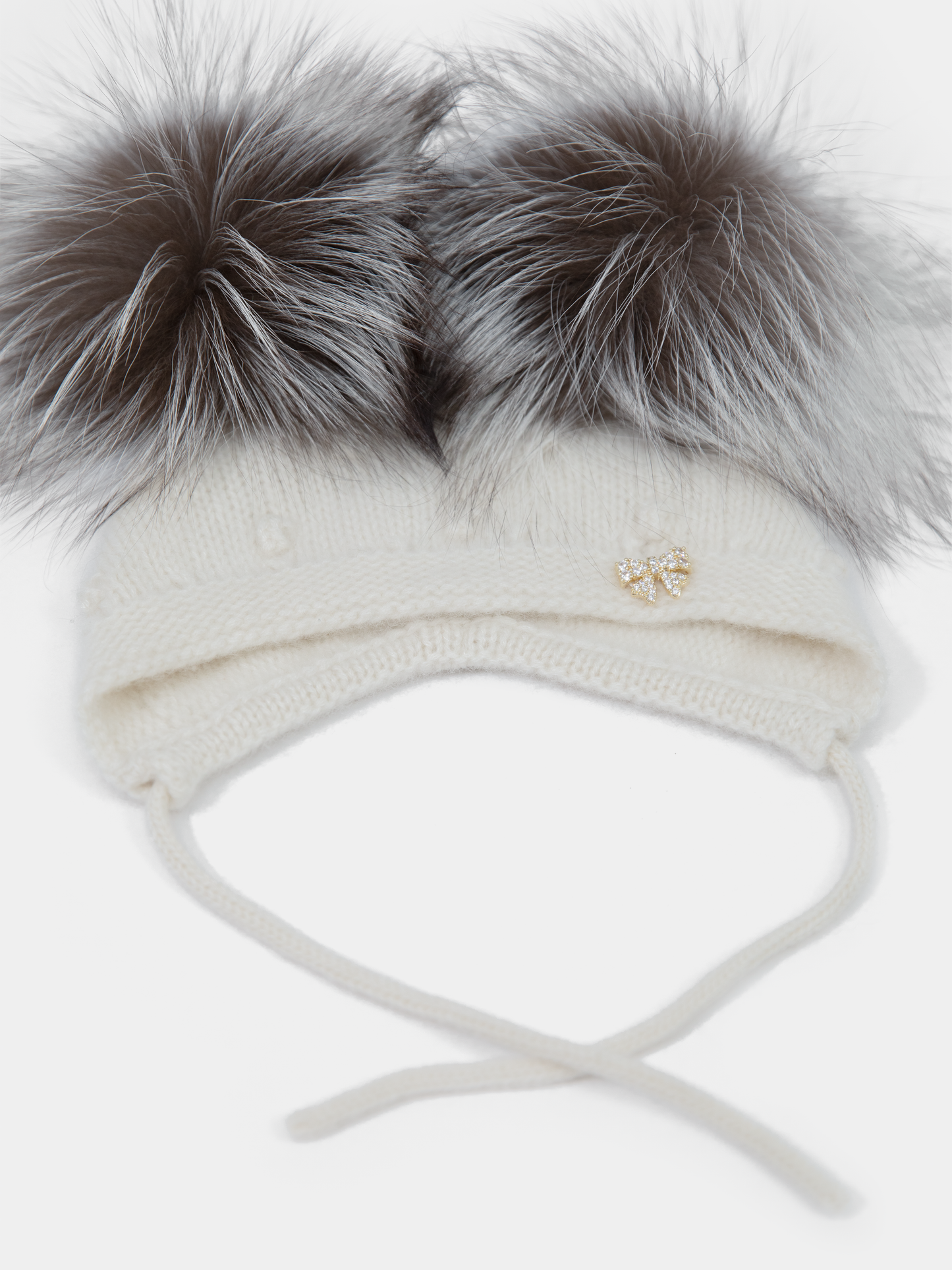 9.2 Fluffy White Cashmere Bonnet with Raccoon Fur PomPoms (Silver Fox PomPoms)