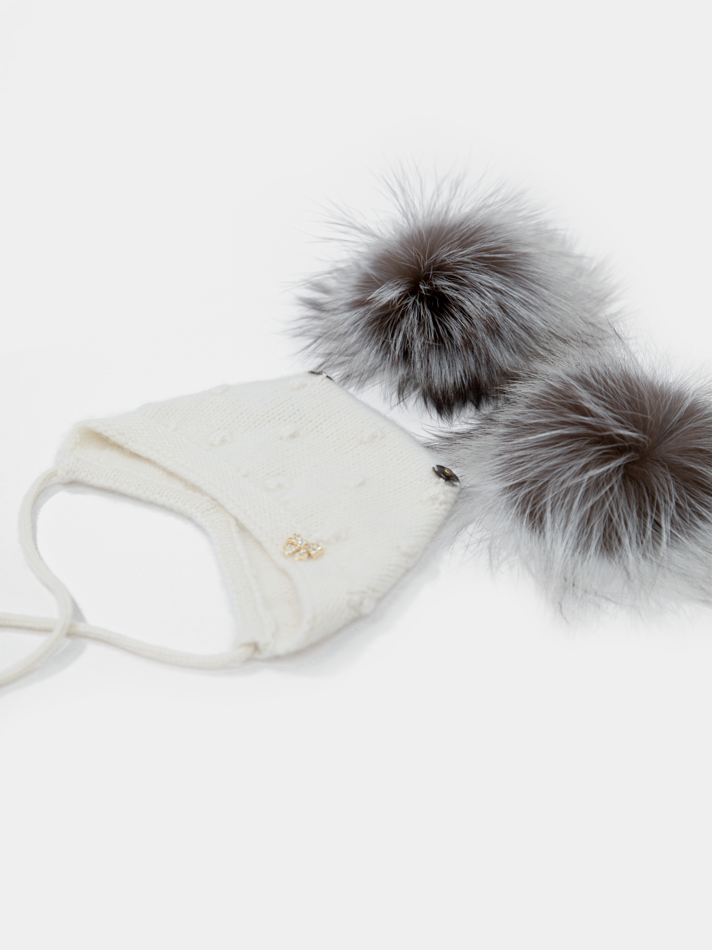 9.2 Fluffy White Cashmere Bonnet with Raccoon Fur PomPoms (Silver Fox PomPoms)