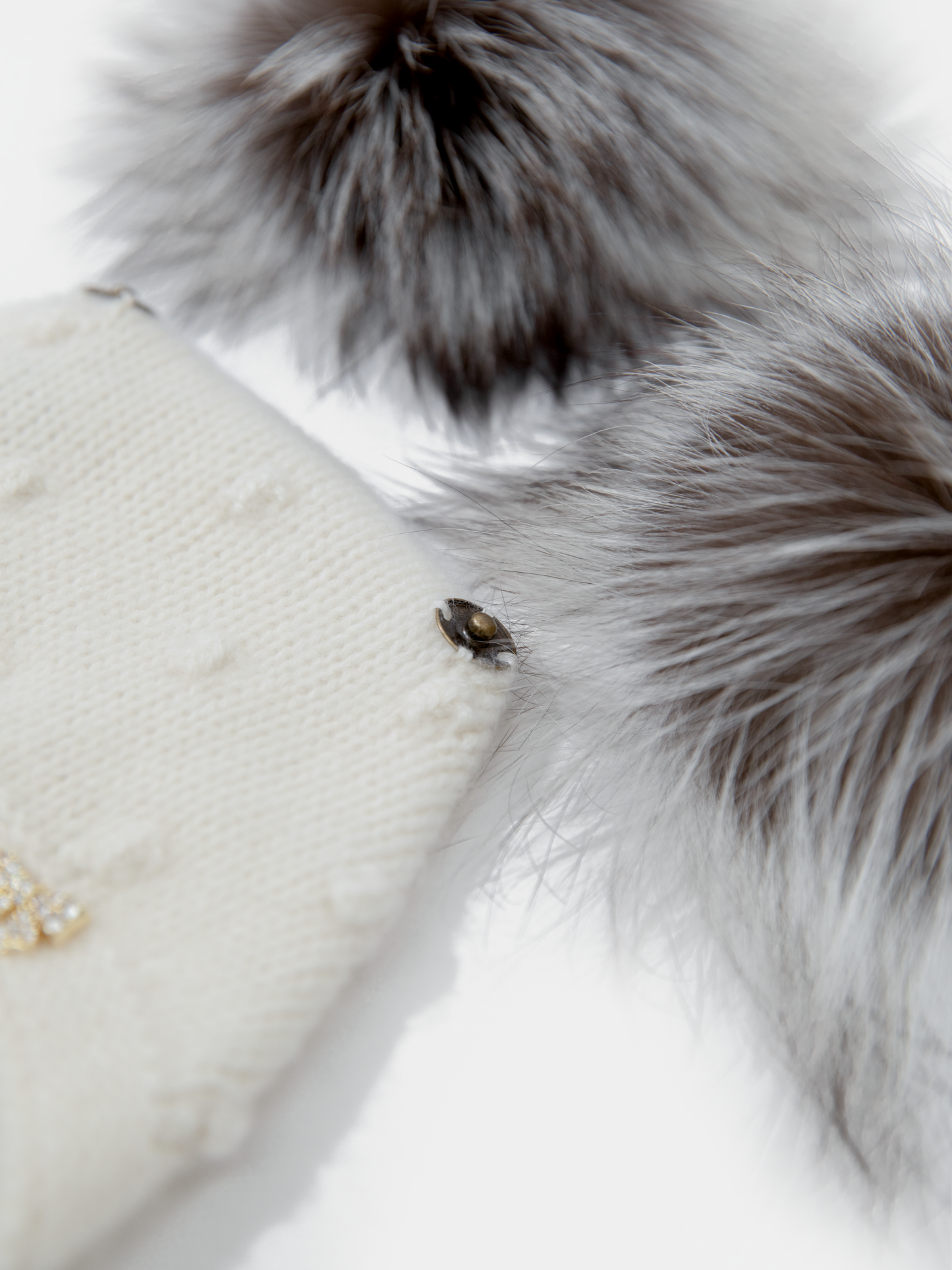 9.2 Fluffy White Cashmere Bonnet with Raccoon Fur PomPoms (Silver Fox PomPoms)