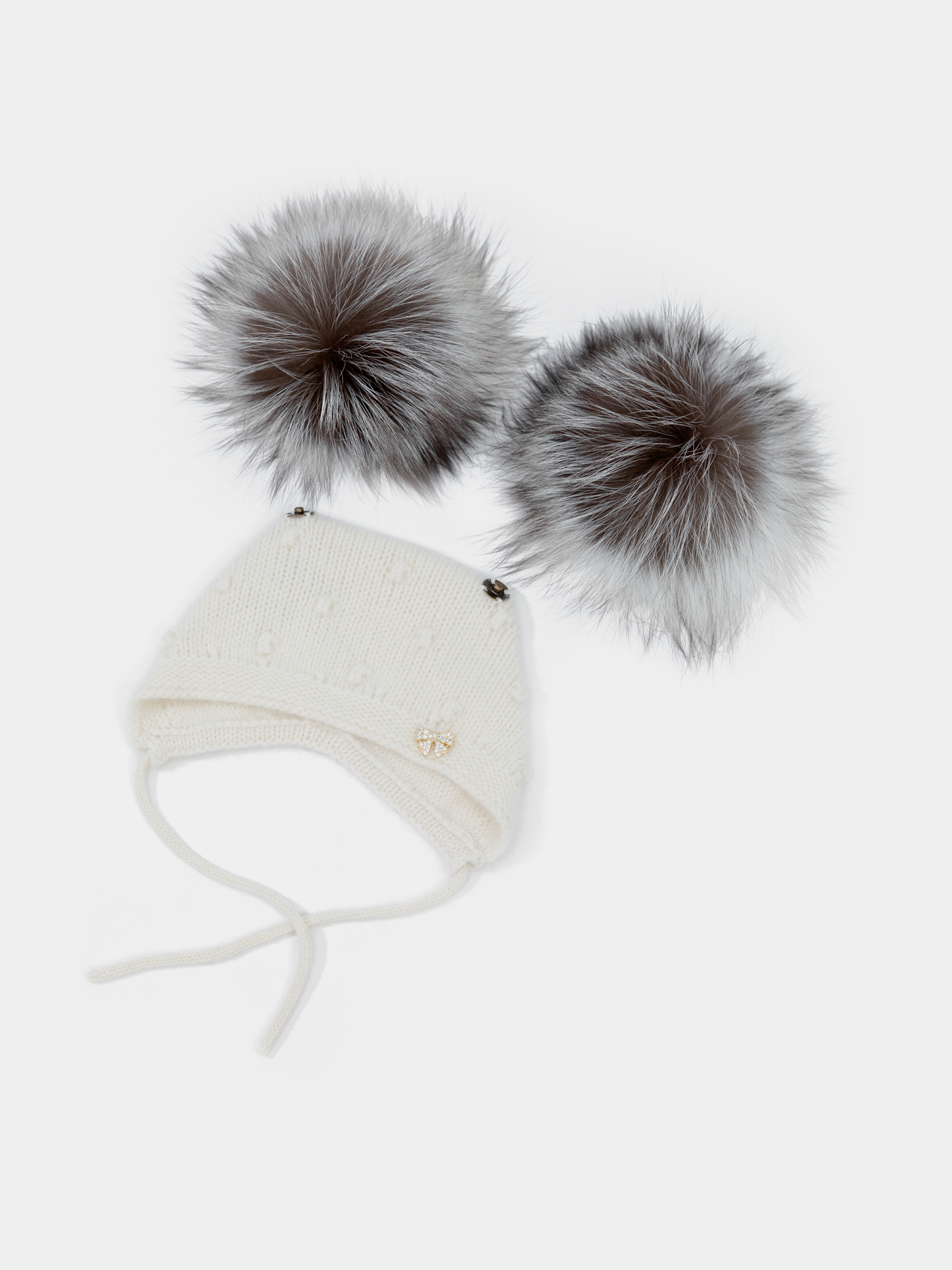 9.2 Fluffy White Cashmere Bonnet with Raccoon Fur PomPoms (Silver Fox PomPoms)