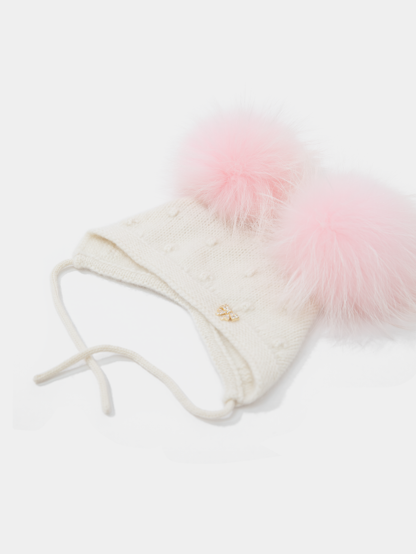 9.3 Fluffy White Cashmere Bonnet with Raccoon Fur PomPoms (Pink PomPoms)