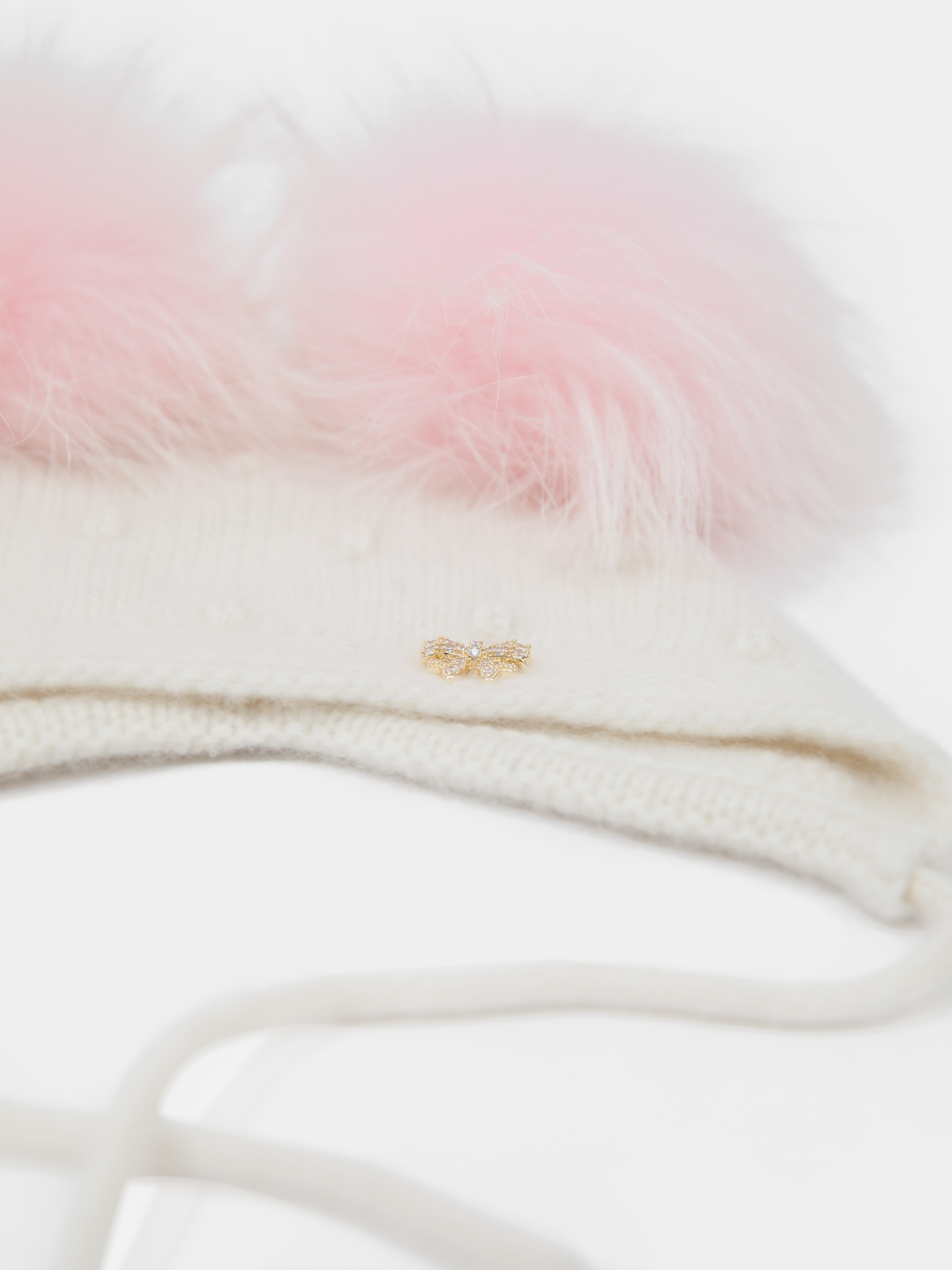 9.3 Fluffy White Cashmere Bonnet with Raccoon Fur PomPoms (Pink PomPoms)
