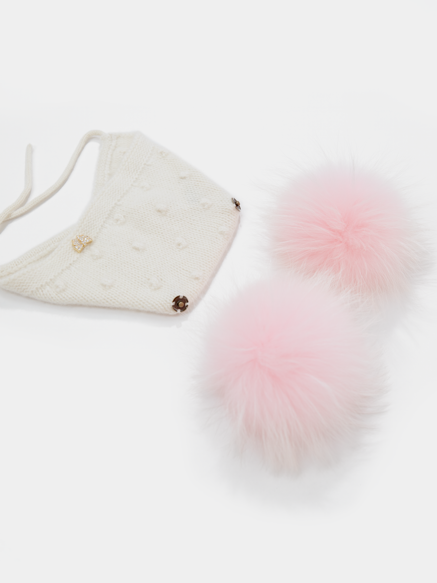9.3 Fluffy White Cashmere Bonnet with Raccoon Fur PomPoms (Pink PomPoms)