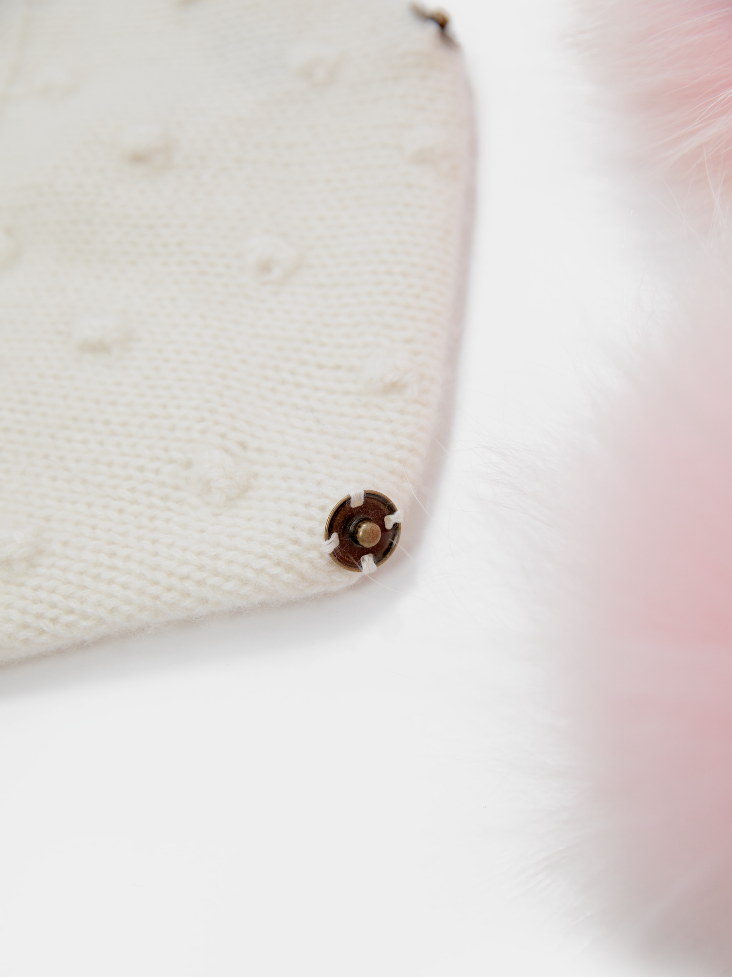 9.3 Fluffy White Cashmere Bonnet with Raccoon Fur PomPoms (Pink PomPoms)