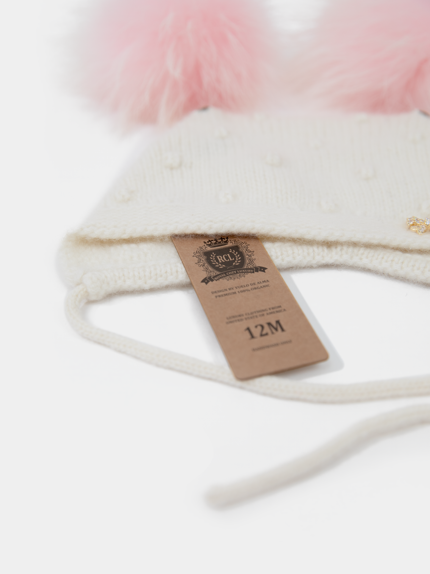 9.3 Fluffy White Cashmere Bonnet with Raccoon Fur PomPoms (Pink PomPoms)