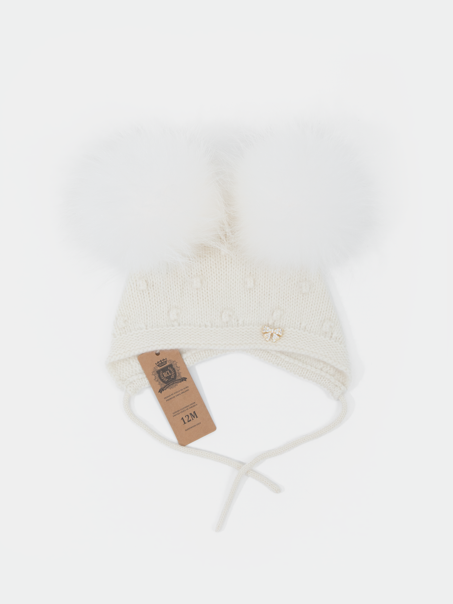 9.4 Fluffy White Cashmere Bonnet with Raccoon Fur PomPoms (WhitePomPoms)