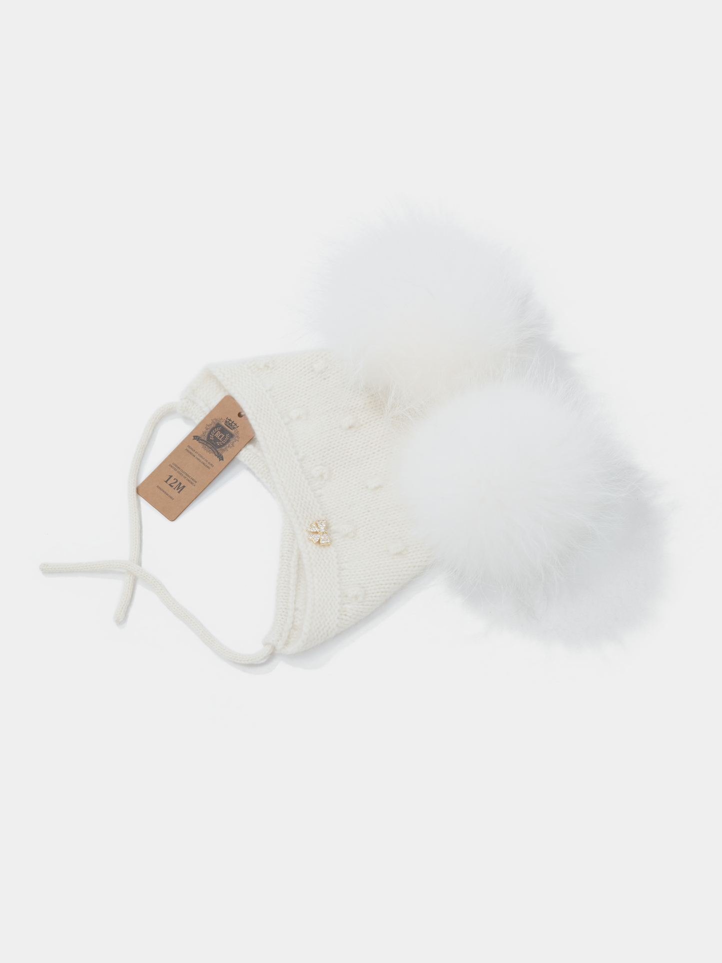 9.4 Fluffy White Cashmere Bonnet with Raccoon Fur PomPoms (WhitePomPoms)